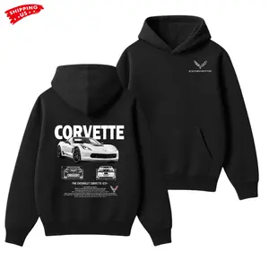 Corvette C7 Hoodie, White Sports Car Blueprint Sweatshirt, Chevrolet Racing Hoodie for Gearheads & Car Enthusiasts