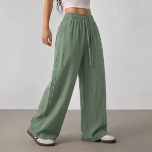 Women’s lightweight casual pants for summer, solid-color wide-leg pants with a couple design, loose and breathable, versatile fashion long pants—essential for vacations, the beach, and everyday wear, 100% polyester fabric.