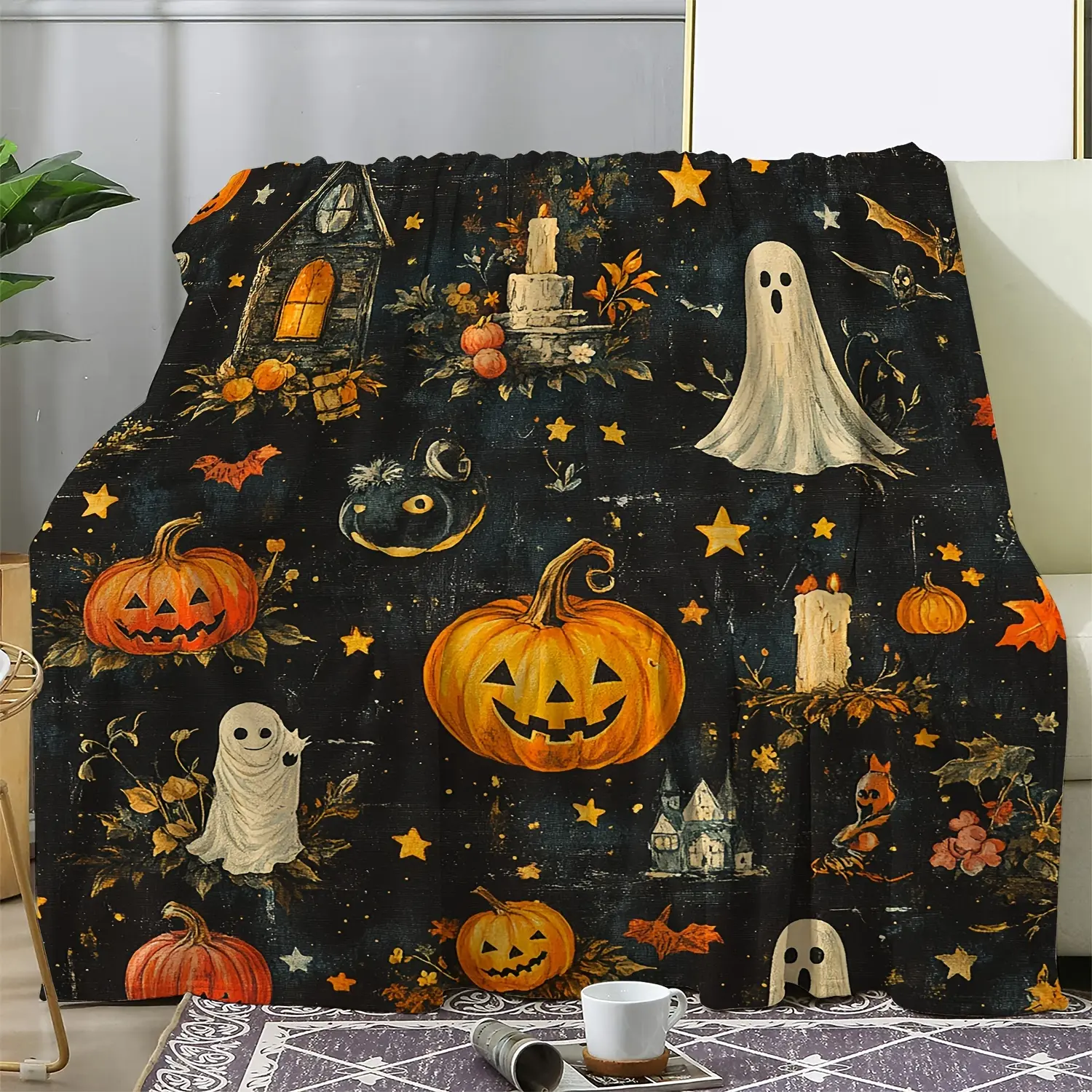 Vintage Halloween Flannel Throw Blanket Cozy Soft Ghost Pumpkin Print All Season 100% Polyester 250-300Gsm Knitted Digital Print Ideal For Couch Bed Office Travel Seasonal Gift