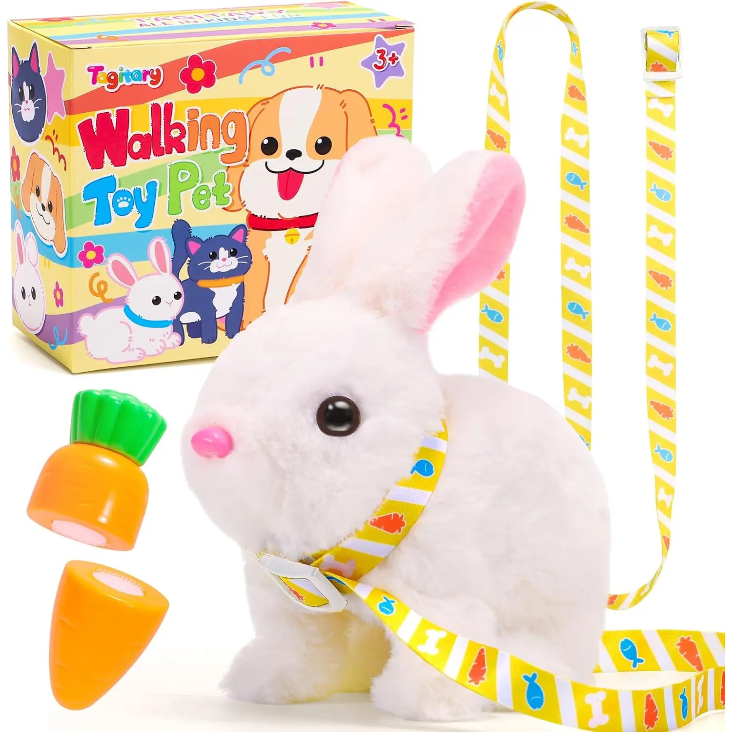 Easter Plush Bunny Toys Electronic Toy with Sounds,Wiggling Ears,Twitching Mouth and Nose, Interactive Rabbit Toy for Kids with Leash,Easter Basket Stuffers Birthday Gift for Toddlers
