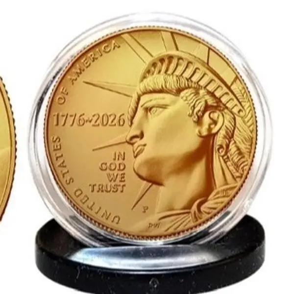 2026 Enduring Liberty Half Dollar covered in 24 carat Gold. Complete with stand and Certificate of Authenticity.