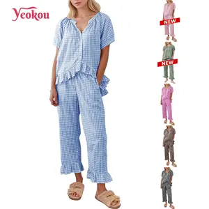 Yeokou Women's 2 Piece Y2K Gingham Pajama Set – Ruffle Hem Short Sleeve Shirt & High Waisted Bell Bottom Pants, Soft Cute Loungewear