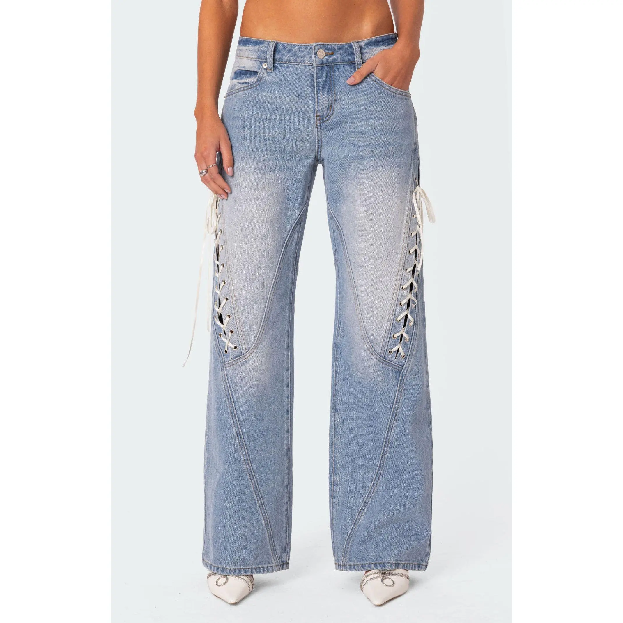 Edikted Women's Low Rise Bow Ribbon Lace Up Jeans Edikted Women's Low Rise Bow Ribbon Lace Up Jeans