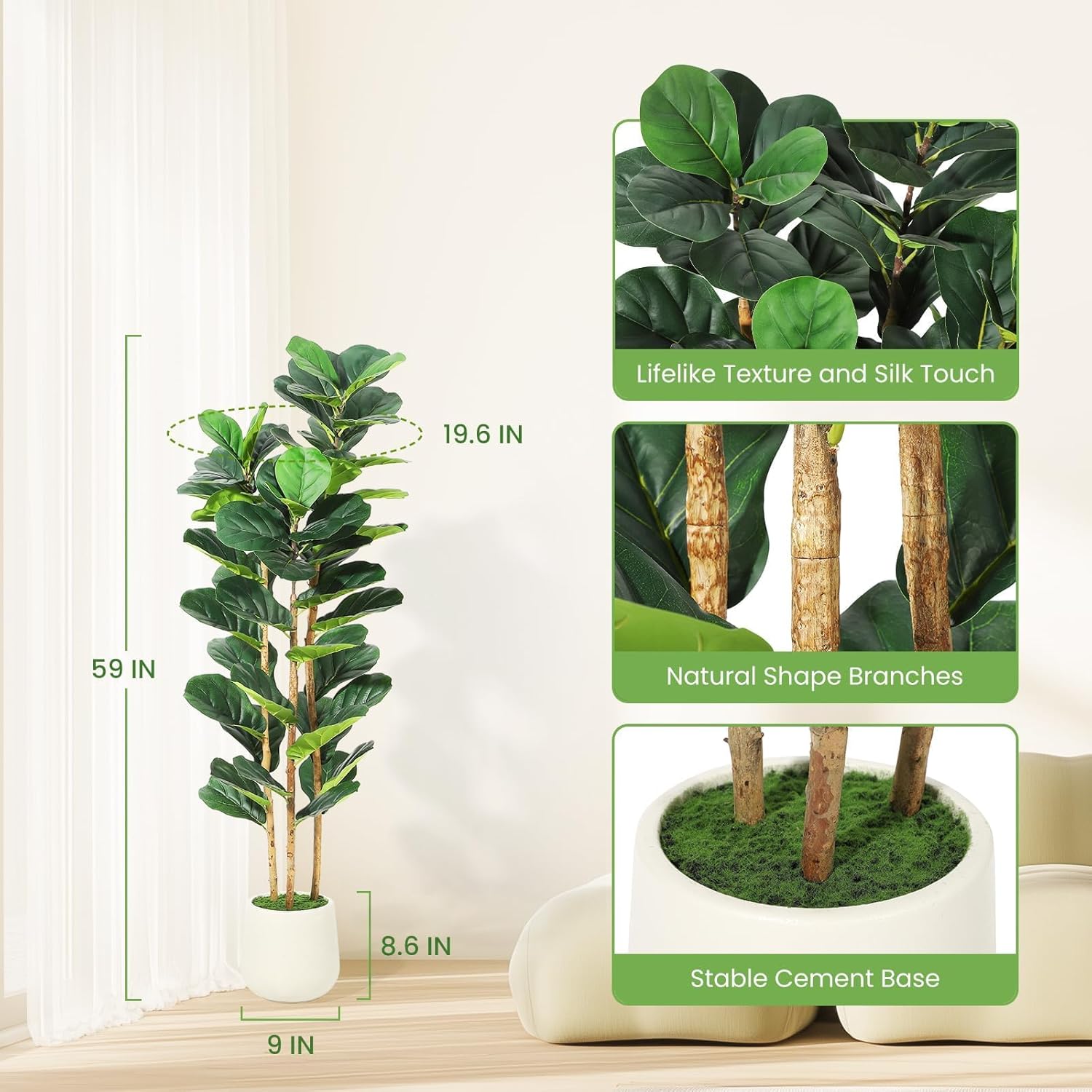 Artificial Fiddle Leaf Fig Tree with White Planter, 5ft Faux Trees with Artificial Plants 56 Fiddle Leaves Greenery, Faux Ficus Tree Fake Moss, Lifelike Fake Tree for Indoor Office Living Room Decor