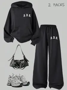 Girls' Letter Ada Print Hoodie Set, Casual Straight Leg Pants, Comfortable Street Fashion for Tweens, Spring & Fall Wear