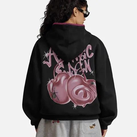 AELFRIC EDEN Men's Vintage Unisex Gothic Streetwear Oversized Zip-Up Graphic Hoodie - Cotton Blend Boxy Cut, Bold Spider Cherry Print, Long Sleeve, Party Wear, No Excessive Ornamentation