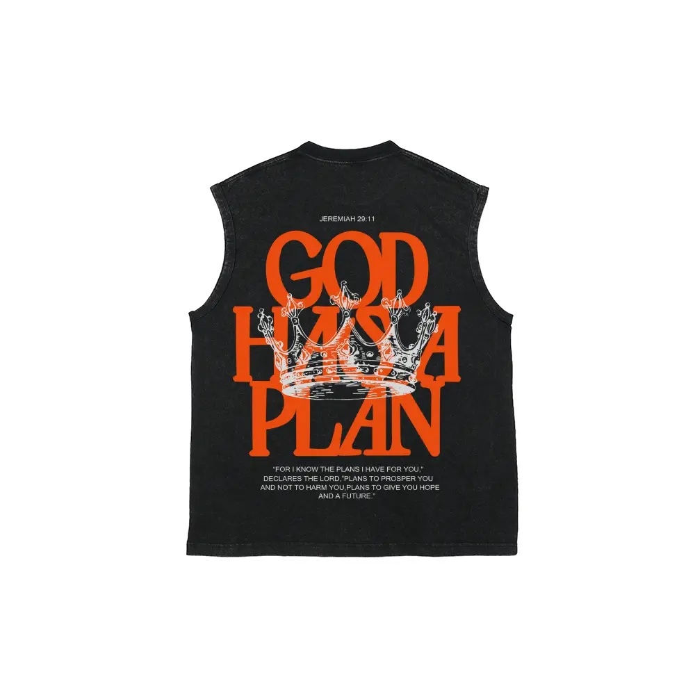 Vintage Washed "God Has A Plan" Tank Top | Christian Crown Print Oversized Cotton Vest Unisex Streetwear