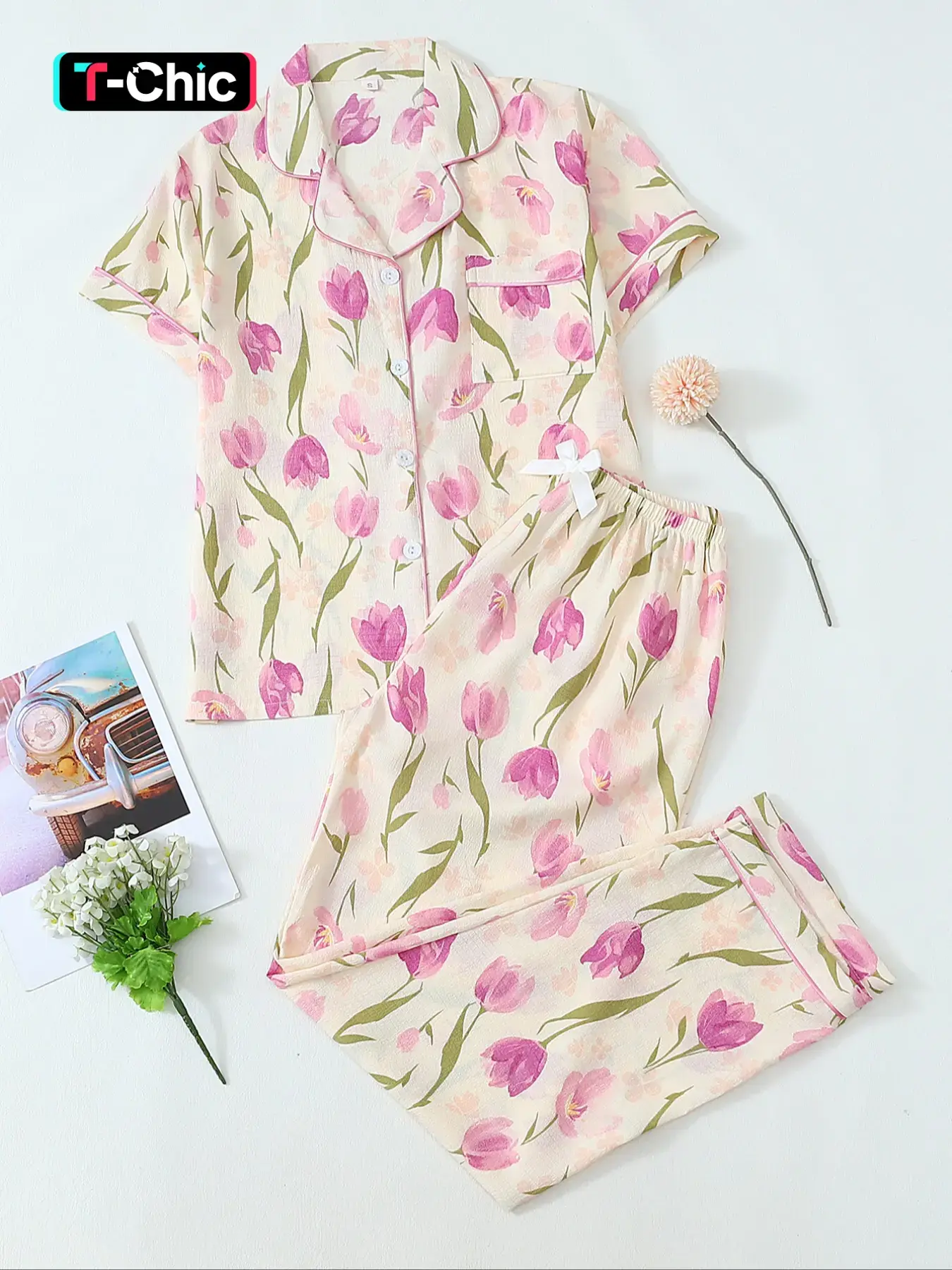 Women's Two-Piece Pajama Set, Contrast Binding Lapel Pocket Heart Embroidery Short Sleeve Top & Bow Pants Sleepwear for Home Use, Cute Pajama Sets, Pyjamas, Pjs