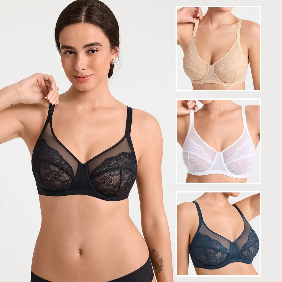 SOLBRACE Women’s Unlined Underwire Full Coverage Bra – Floral Lace with Sheer Mesh, U Shaped Back Breathable Mesh Bra, No Padding Natural Shape, Light Support for Daily Wear