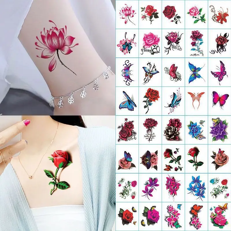 66 Sheets Flowers Temporary Tattoos Stickers, Roses, Butterflies and Multi-Colored Mixed Style Art Temporary Festival Props for Women, Girls or Kids Festival Accessories