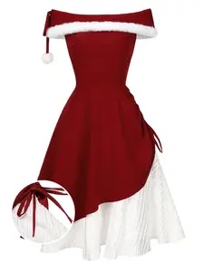 Red 1950s Christmas Plush Off-Shoulder Dress Formal Polyester dresses women elegantoutfits sweater dress Womenswear Adjustable