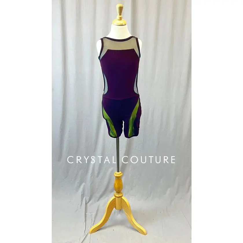 Plum Open Back Biketard with Neon Yellow Details