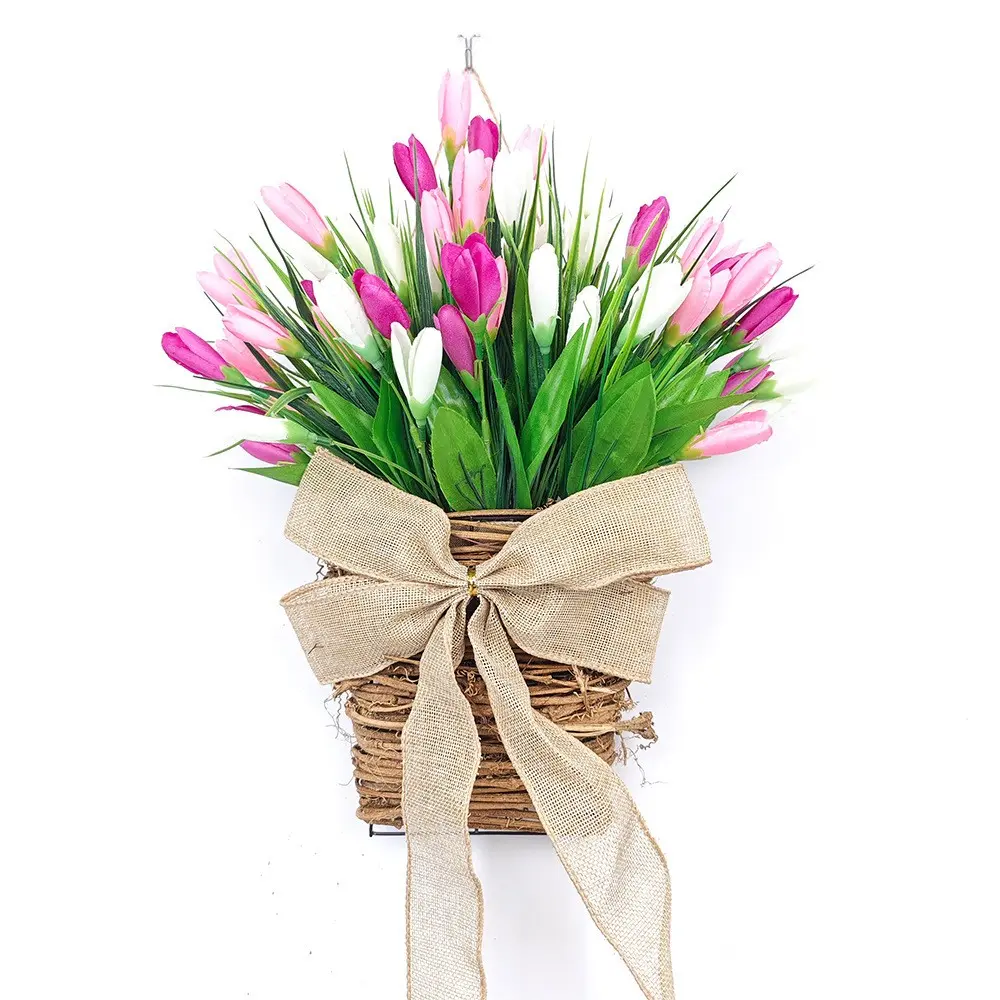 Tulip Wreath for Front Door - Spring Summer Home Decor, Floral Decoration, Flowers, Artificial Flower Decorations, Fake Tulips Artificial Flower Wall Hanging for Indoor Outdoor, Porch Patio Garden Wedding Decoration, Housewarming Gift for Women