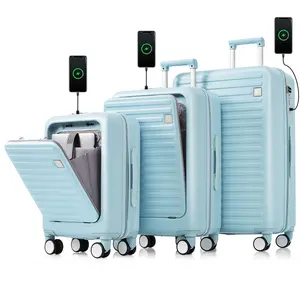 3pcs ABS Hard Shell Luggage,TSA Lock Spinner Suitcase Set,Lightweight Hardside Spinner Luggage Set,Cup Holder,USB Port,front opening,luggage safety(20/24/28)