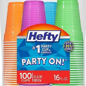 Party On Disposable Plastic Cups, Assorted, 16 Ounce, 100 Count - Perfect for Parties and Events - Cookware