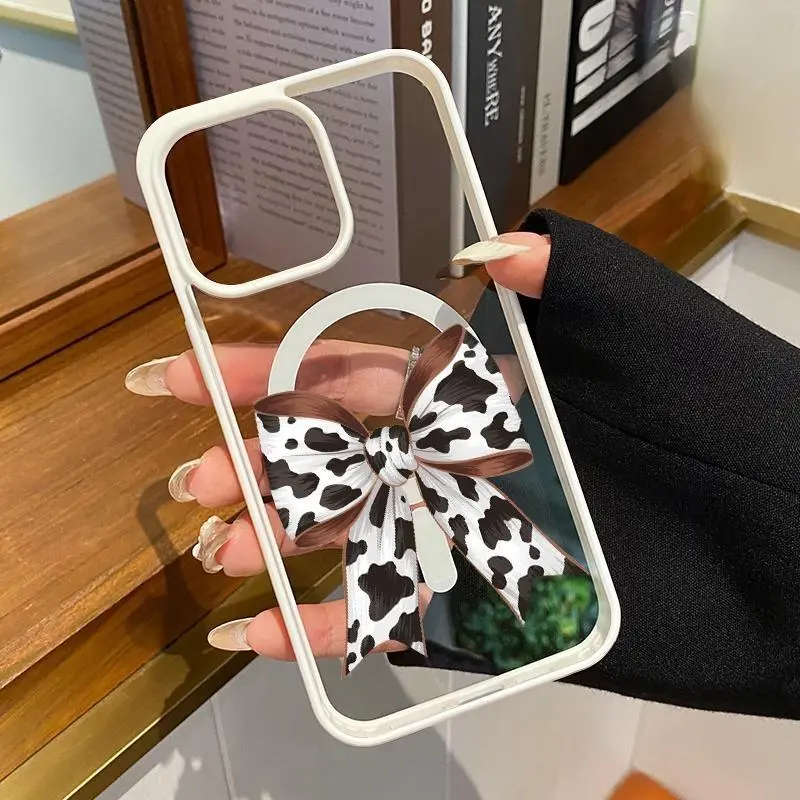 Magnetic Soft Case for iPhone 17 Pro Max 16 Plus 15 14 13 12 11 Air E Non-Yellowing Drop Protection Transparent Acrylic Trendy Cow Print Bow Pattern Shockproof Silicone Cover Supports Wireless Charging./MKLCX55
