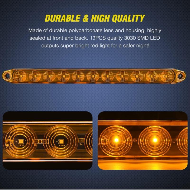 2-Pack 12 LED High-Position Brake Tail Lights, Trailer Truck RV Pickup Tail Light Strip, Brake Light Turn Signal Side Lamp, Waterproof Taillight