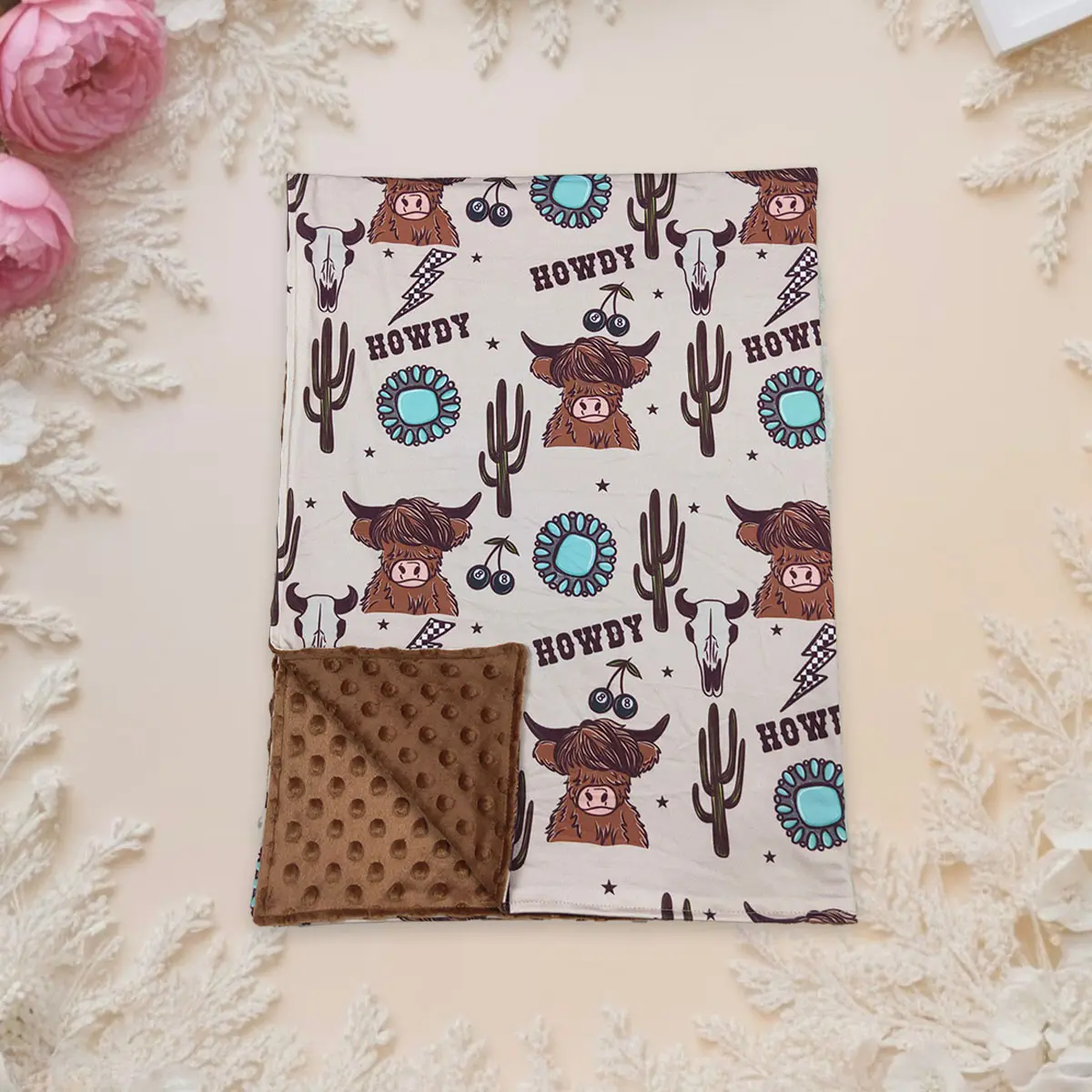 Soft Plush Minky Fabric Baby Swaddle Blanket - Western Highland Cow All Over Print, Reversible All-Seasons Kids Blanket for 0-5 Years Babies, Couch, Durable Western Home Decor Accessory