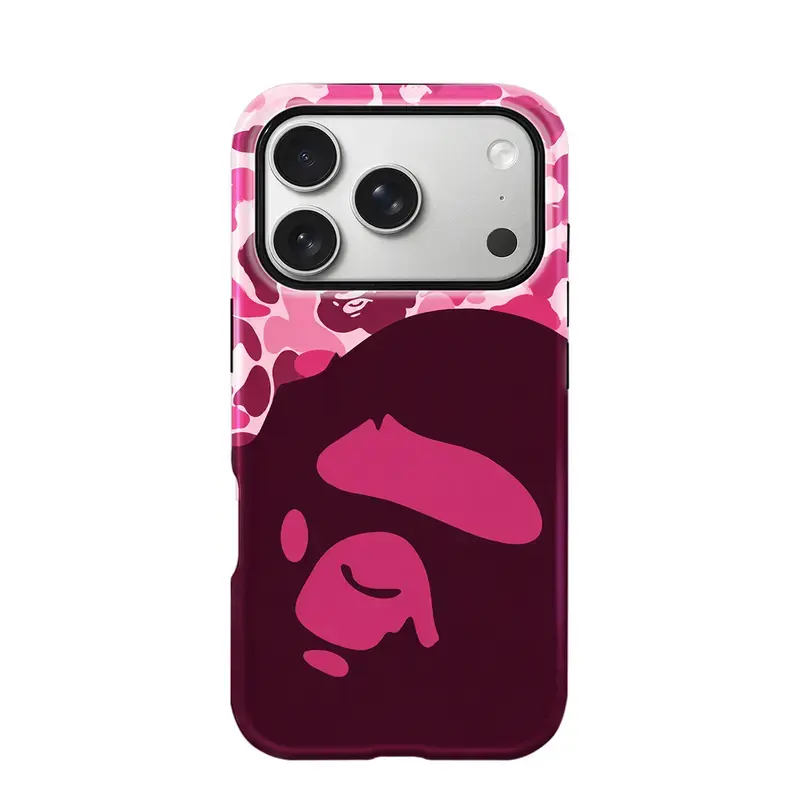 [Magnetic Design] Pink Camo Ape Head Pattern Phone Case, Glossy Protective Cover, Hypebeast Two-In-One Shockproof Shell, Cute Daily Accessory, Ideal Holiday Present, Fits iPhone 17/16/15/14/13/12/11/XR/XS Max/Pro Max/Plus/Pro