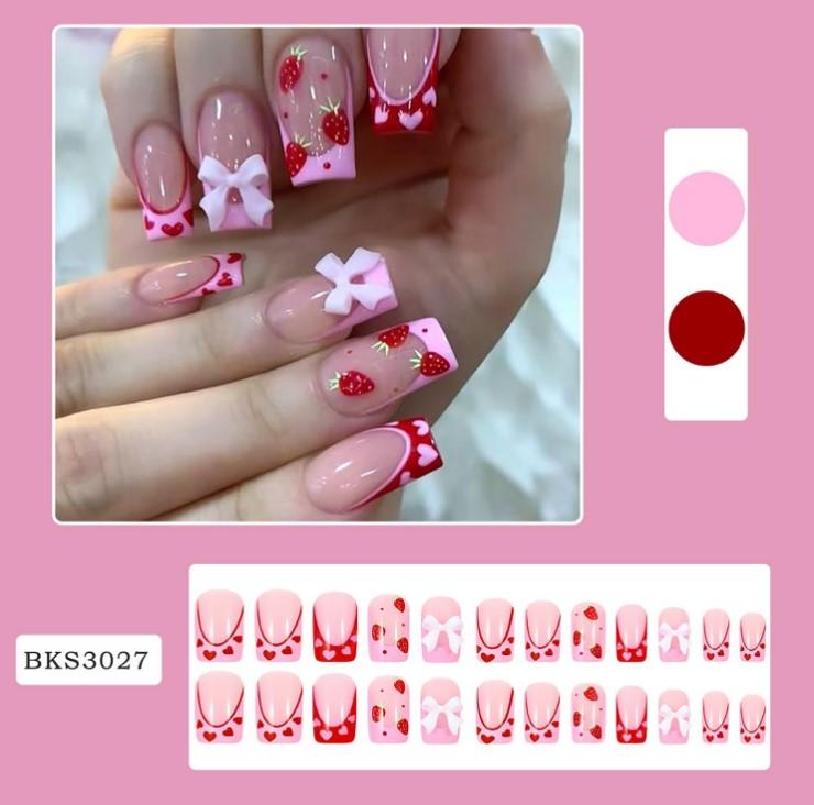 Strawberry Press On Nails: Short Square Pink Heart Bow Tie Design. Artificial Coffee Nails, Full Cover, Reusable Glue On, Valentine's French Style for Women