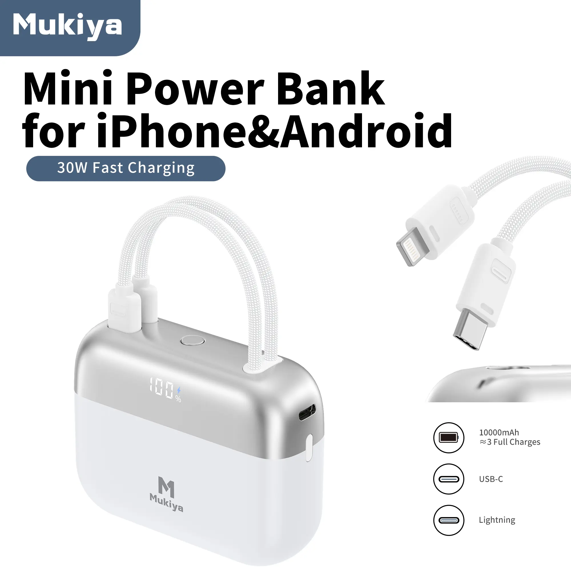 Mukiya Mini Power Bank for iPhone & Android, 10000mAh Portable Charger with Built-in USB-C & Lightning Cables, 30W Fast Charging, LED Battery Display, Cute Handbag Design
