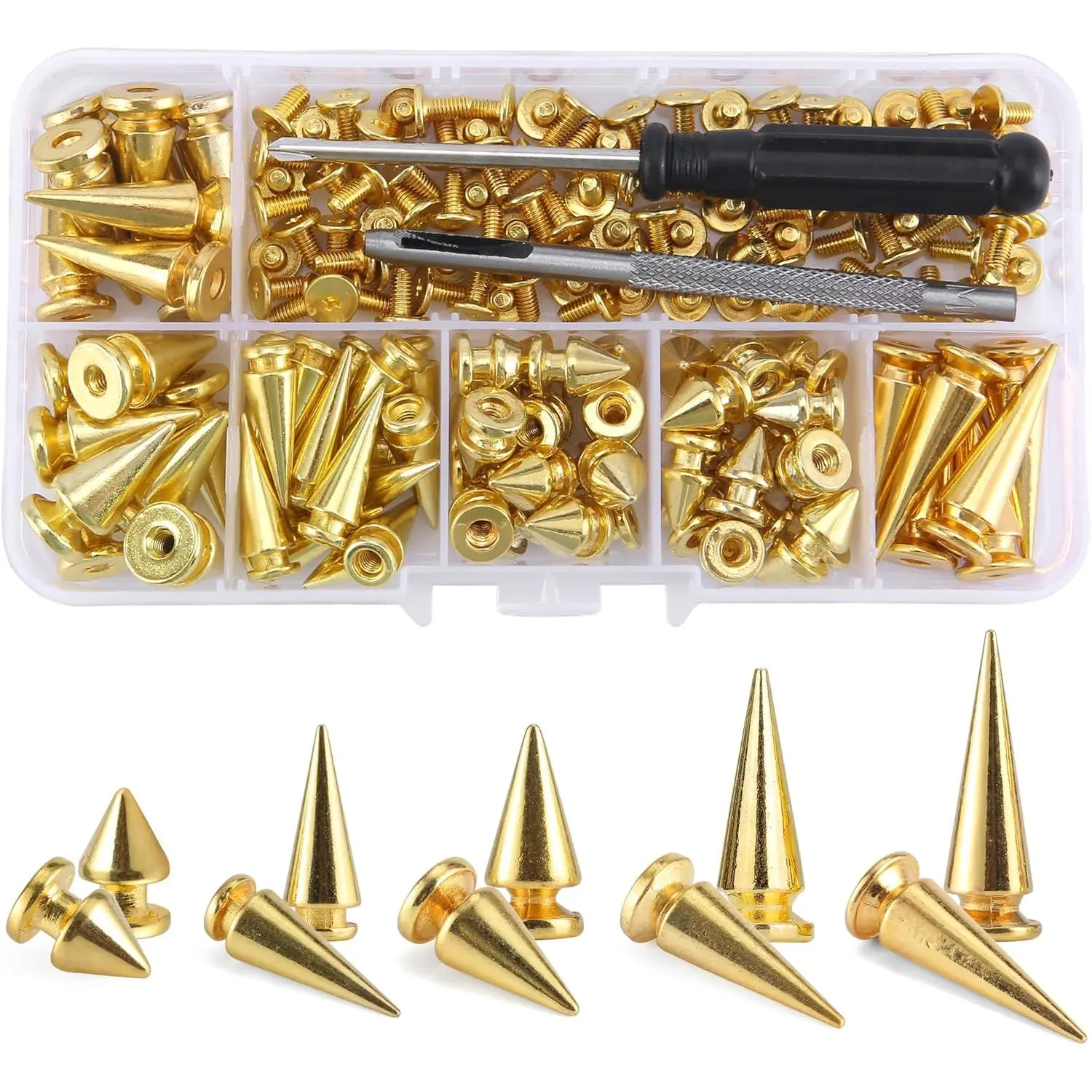 70 Sets Mixed Shape Spikes and Studs Assorted Sizes Spike Studs for Clothing Gold Color Screw Back Bullet Tree Studs and Spikes Rivet for Leather Craft Clothing Shoes Belts Bags Dog Collars