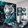 4PC Blue Rose and White Tiger Wild Art  12 Hooks And Shower Curtain U-shaped MatsFloor Mats, And Toilet Seat Covers For Bathrooms Quick Drying Machine Washable Home Bathroom Decor Shower Curtain Sets for Bathroom