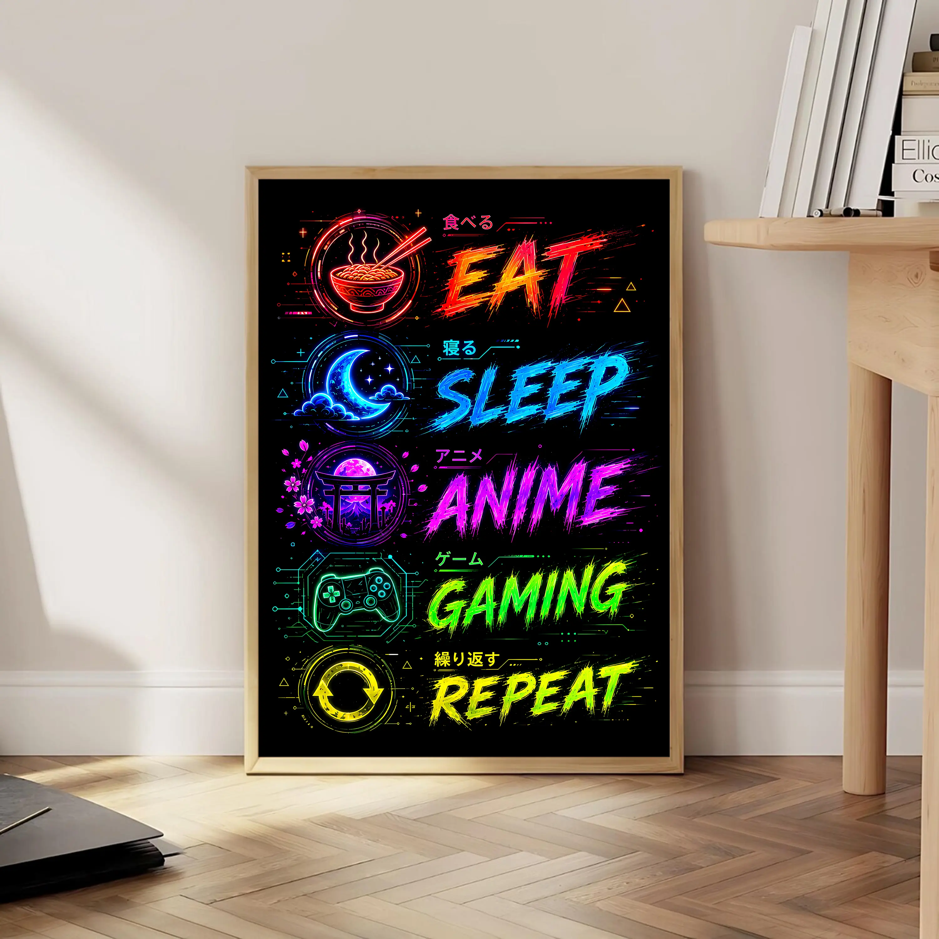 Eat Sleep Anime Gaming Repeat Neon Wall Art Poster | Japanese Gamer Room Decor | Otaku Gift | RGB Gaming Setup Decoration
