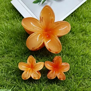 Hawaiian Plumeria Flower Hair Claw Clips, 3Pcs Gradient Floral Shark Clips in Assorted Sizes, Non Slip Strong Hold Jaw Clips for Thick and Thin Hair, Cute Tropical Hair Accessories for Women Girls Summer Vacation and Daily Wear