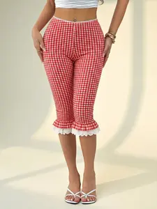 Y2K Red Gingham High Waisted Lace Trim Ruffle Hem Summer Casual Stretchy Skinny Capri Pants Cottagecore Aesthetic Cute Picnic Beach Outfit Comfy Slim Fit Mid-Calf Pants Breathable Lightweight Soft Fabric Daily Wear Vacation Ready For All Body Types