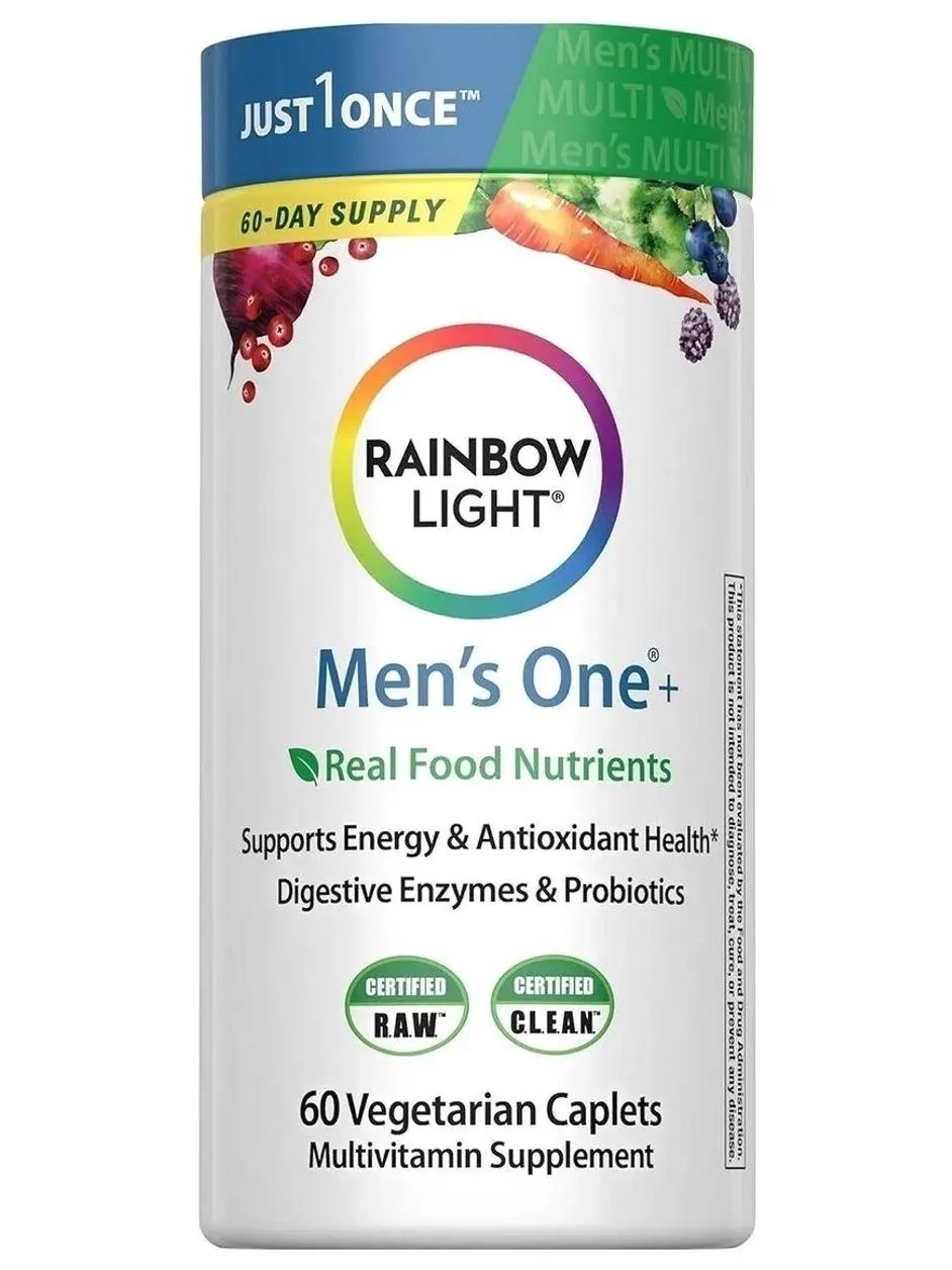 Rainbow Light Mens Multivitamin One + | 60 Caplets | Supports Energy & Antioxidant Health | with Real Food Nutrients, Digestive Enzymes & Probiotics