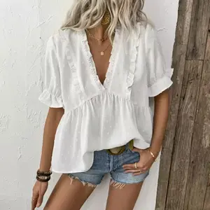 2026 New Swiss Dot Lace Trim V Neck Blouse, Women's Summer Ruffle Short Sleeve Shirt, Elegant Peplum Babydoll Top, Casual Loose Fit Fashion Blouse for Work & Daily Wear, Soft Breathable Lightweight Chiffon Feel Shirt