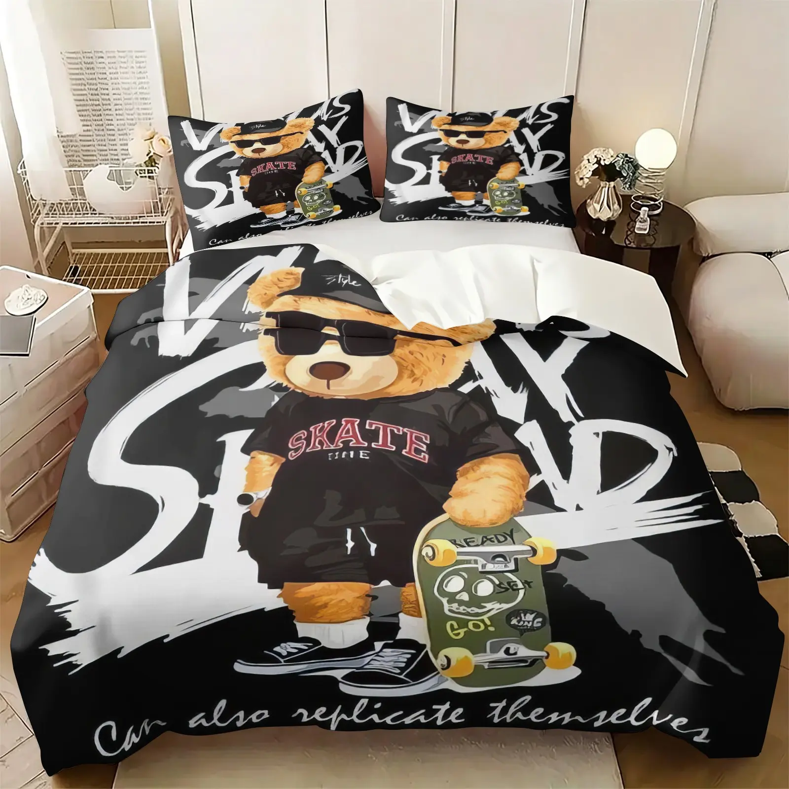 2/3Pcs Streetwear Skateboard Teddy Bear Duvet Cover Set, No Filler Comforter Cover, Hip Hop Bear Printed Bedding Set with Pillowcases, Urban Street Style Soft Bedding Decor for Teen Boys Bedroom Home Decor, Cool Bedding Set, Comfy Bedding Sets
