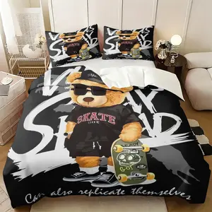 2/3Pcs Streetwear Skateboard Teddy Bear Duvet Cover Set, No Filler Comforter Cover, Hip Hop Bear Printed Bedding Set with Pillowcases, Urban Street Style Soft Bedding Decor for Teen Boys Bedroom Home Decor, Comfy Bedding Sets