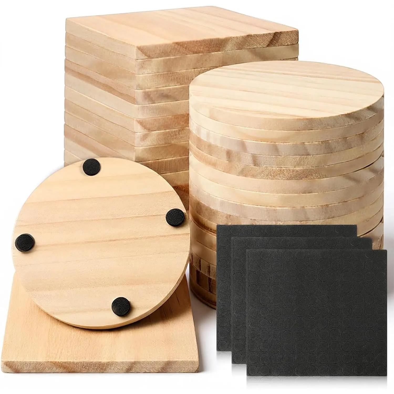 54 count Unfinished  Coasters 4 Inch Round & Square Blank Wooden Coasters for Crafts Blank Coaster with Non Slip Pad for DIY Stained Painting  Engraving  Decoration