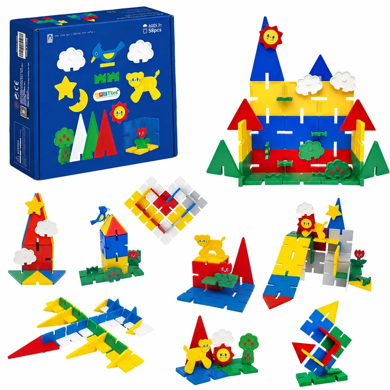 Ideal Birthday & Christmas Present for Kids Ages 3 4 5 6 Boys Girls, YRZtiles 58PCS 2-in-1 Dual Play Magnetic Tiles & Snap Buckle Building Blocks, Sturdy STEM Building Toy, Preschool Educational Stacking Playset