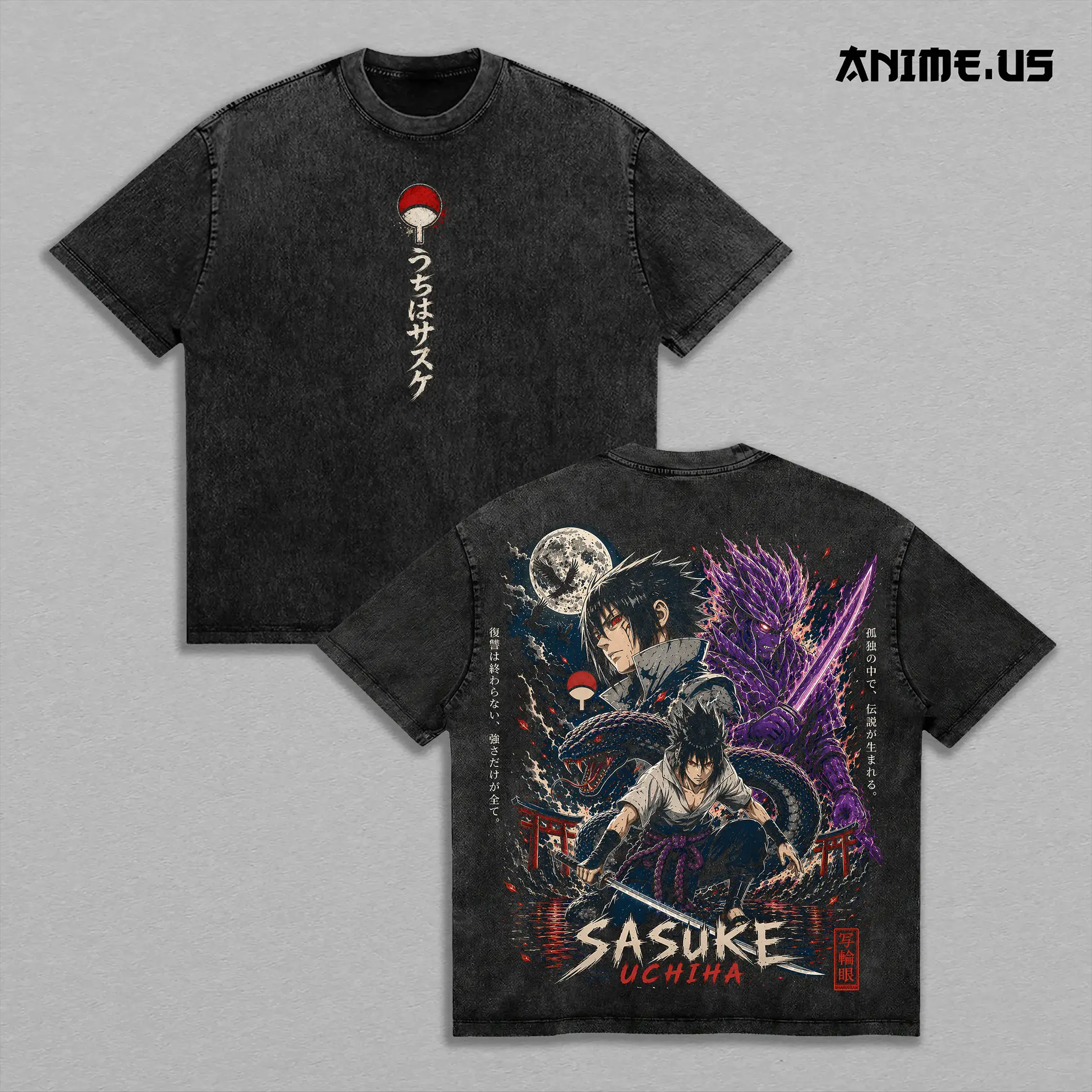 Sasuke Uchiha Inspired Susanoo Moon Chidori Vintage Washed Graphic T‑Shirt, Naruto Heavyweight Cotton Oversized Anime Streetwear Tee, Unisex Casual Fan Gift Top For Manga Enthusiasts
