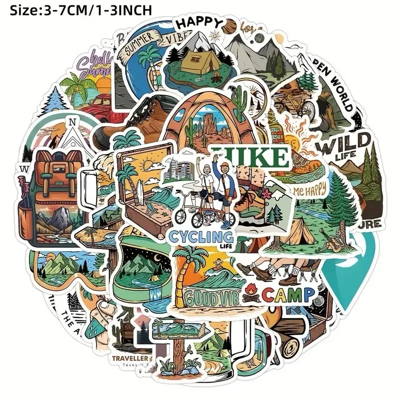 50 pack of wildlife, hiking, camping and outdoor activities stickers and decals. Great for Water Bottles. No Duplicates and Waterproof
