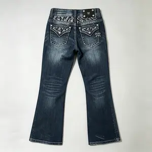 Jeans For Women Mid-Rise Dark-Wash Vintage-Style Jeans With Sequined And Studded Pockets Flared Jeans Y2k-Inspired Western-Style Streetwear For Casual Everyday And Nightlife Looks