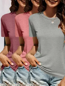 Women's Colorful Cotton Round Neck Short T-Shirt 3-Piece Set, Casual Fitted T-Shirts, Solid Pattern, No Collar, Comfortable Daily Wear