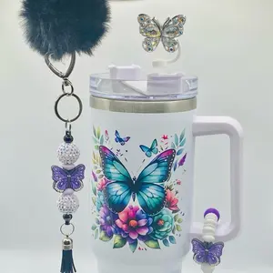 7 piece Butterfly vibe set - includes Tumbler Mug Set with butterfly decal that says surround yourself with positive vibes 40 oz Stainless Steel mug with Cup Charm Straw Topper Keychain Purse Charm wine set ink pen Perfect for Everyday Use On-the-Go