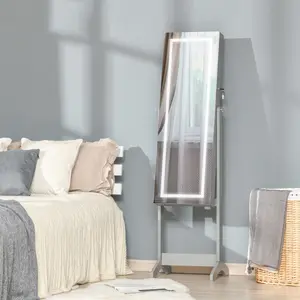 Grey Floor Standing Jewelry Cabinet with LED Light, Lockable Jewelry Organizer, Full-Length Mirror, and 4 Adjustable Angles