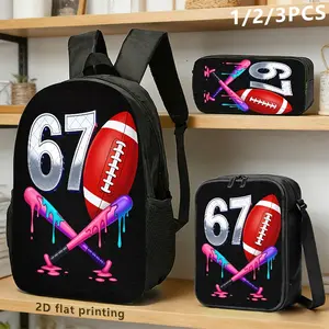 3Pcs Sports Number 67 Print Backpack Set Durable 600D Oxford Cloth School Bag Insulated Lunch Box & Pencil Case Combo Adjustable Breathable Strap Large Capacity Fits 15in Laptop for Kids Teens School Travel Outdoor Use