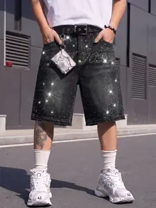 Men's Vintage Denim Shorts with Rhinestone Letter Print, Loose-Fit Below-The-Knee Jeans, Casual All-Season Streetwear
