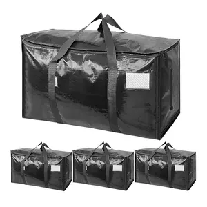 4 Pack Heavy Duty Moving Storage Bags Extra Large with Zipper Top, Clear Label Pocket and Wrap Around Handles, Reusable Foldable Organizer Totes for Clothes,Bedding,Shoes,Pillows and Camping Gear,Water-Resistant Moving Supplies for Travel and Home Storage