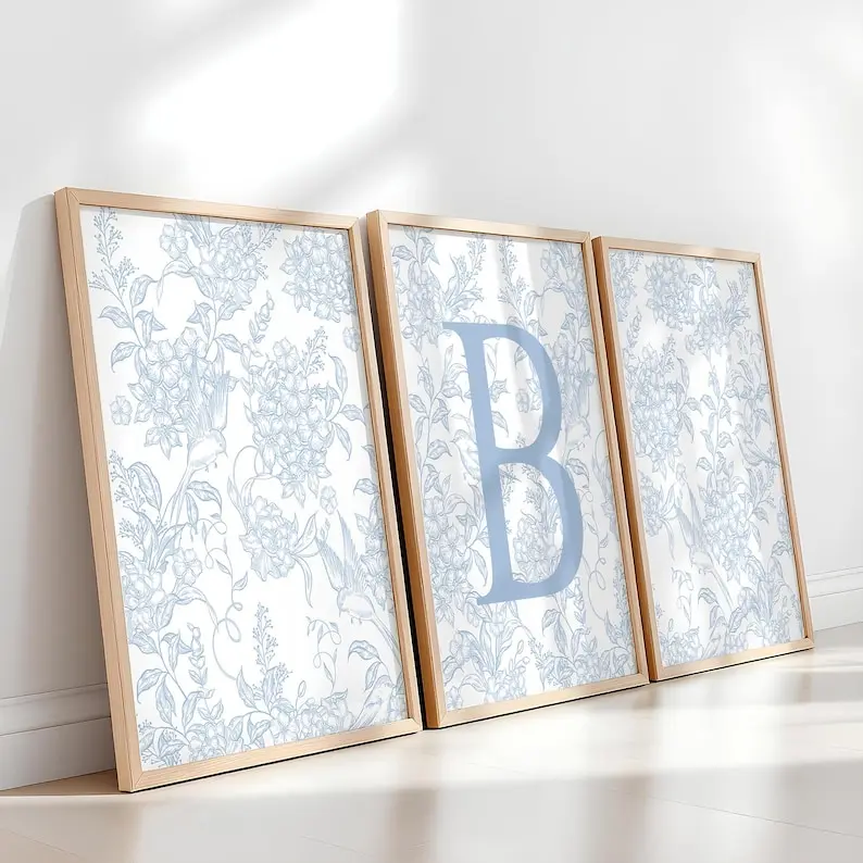 Light Blue Chinoiserie Wall Art, Vintage Antique Flowers Print, Custom Initial, Floral Print Set of 3, Blue Flowers Aesthetic Poster 450K Eileen C.