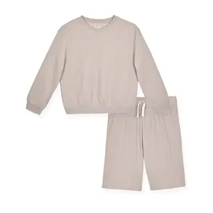 Boys 2-Piece Long-Sleeve Soft Textured Knit Pajama Shorts Set.