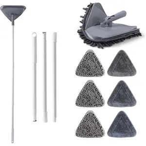 Wall Cleaner Mop with Squeegee, 3-in-1 Rotatable Triangle Cleaning Mop with 6 Replacement Microfiber Chenille Pads, Ceiling and Baseboard Cleaner Tool Duster for Multiple Surface Floors Window
