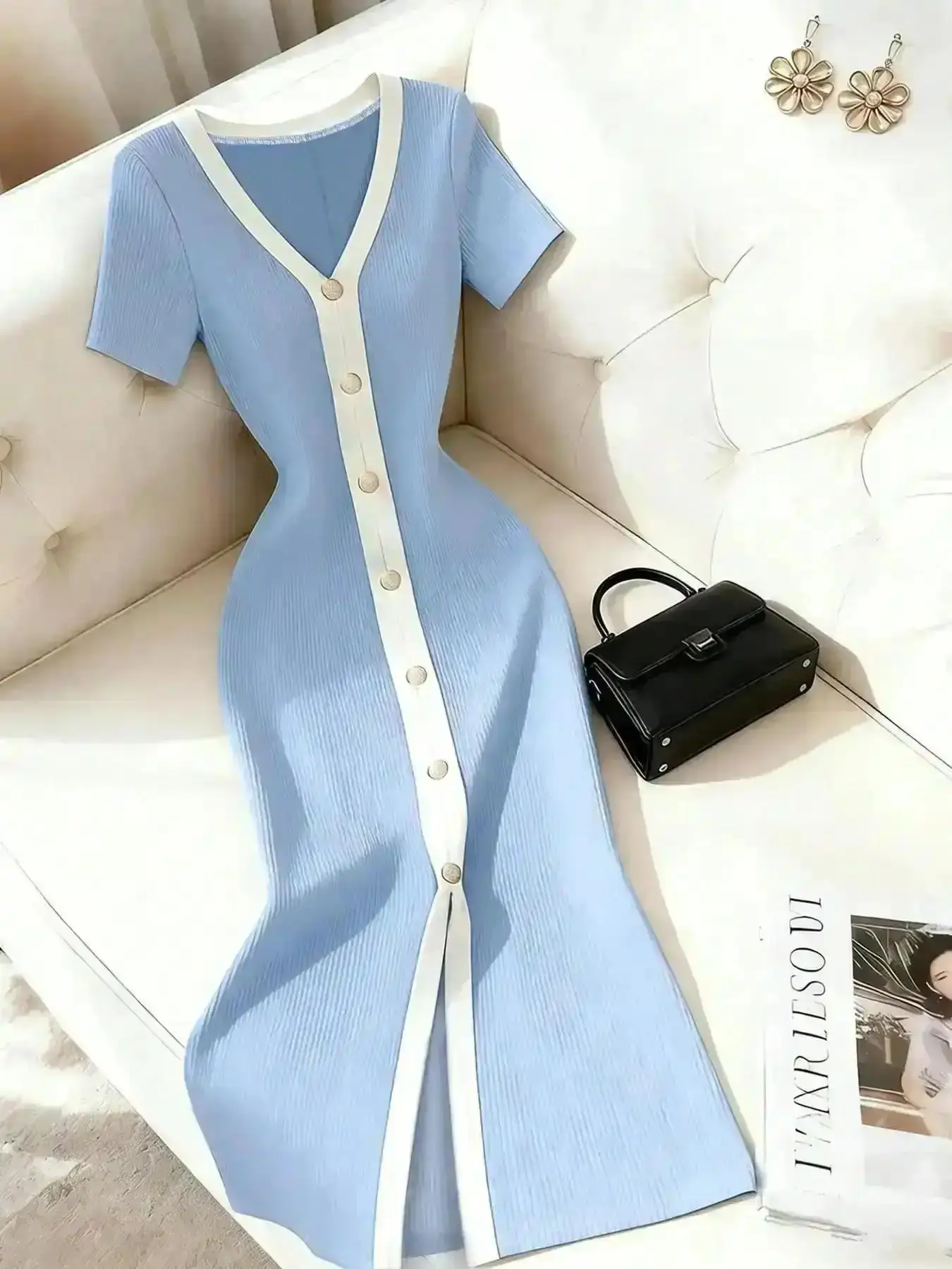 Lace Formal Dress, Elegant Knitted Dress, Short Sleeve Long Solid Color, Slim Fit, High Waist, French Style, Office Wear, Date Night, Tea Time, Lady, Pear Shape, Womenswear, Formal, Cozy, , Comfort, Outfit, Essential
