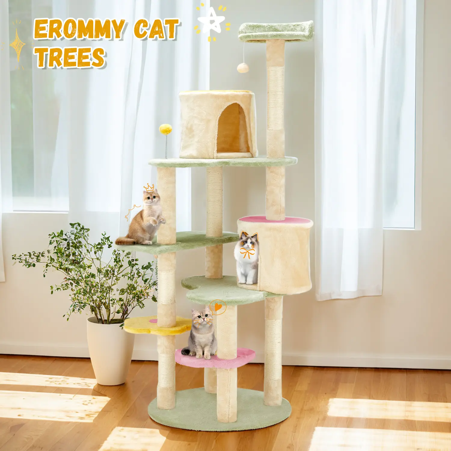 EROMMY 64" Flower Cat Tree Tower, Heavy Duty Anti-Scratch Cats Furniture, Home Multi-Level Cat Condo Activity Center Kitten Play House Pet Supplies Ki